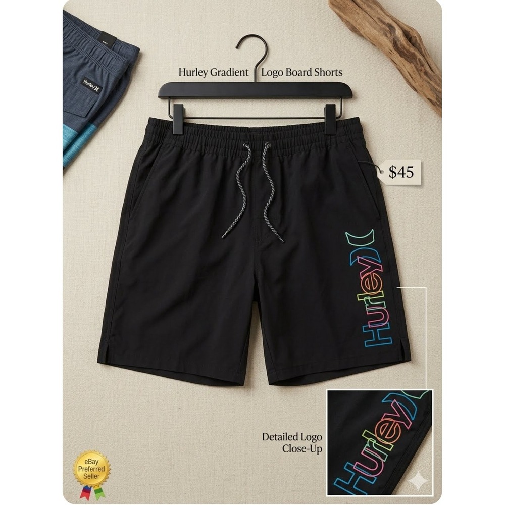 Retro 90s Hurley Mens Gradient Logo Board Shorts Black Rainbow Swim Trunks Large